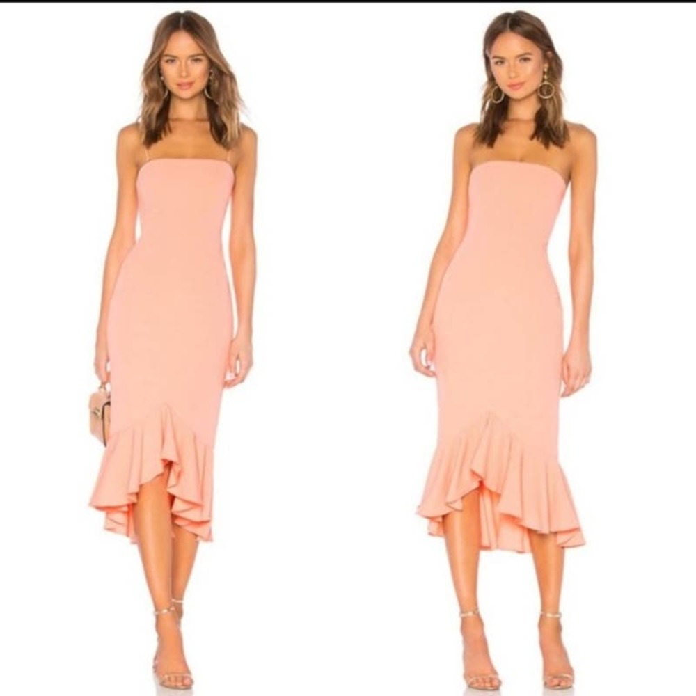 Lovers + Friends Tyler Midi Dress M Strapless Ruffle Flounce Hem High Low Coral